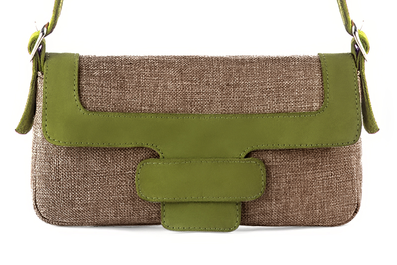 Caramel brown and pistachio green women's dress handbag, matching pumps and belts. Profile view - Florence KOOIJMAN